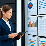 A professional female lawyer, fully clothed in a modest business suit, standing confidently in a modern, sleek law office. She is interacting with a large, transparent digital display showcasing legal documents and data visualizations. In the background, well-organized, minimalist shelves hold a few stylized, neat binders, subtly representing the transition from traditional paper. The atmosphere is bright and efficient. Professional photography, high-resolution, sharp focus, natural lighting. safe for work, appropriate content, fully clothed, professional dress, perfect anatomy, correct proportions, natural pose, well-formed hands, proper finger count, natural body proportions.