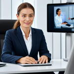 A professional female lawyer in a modest business suit, sitting at a modern, clean desk, engaging in a virtual consultation via a tablet. She has a warm, empathetic expression, showing active listening and clear communication. The background is a contemporary office space with subtle digital screens, symbolizing the integration of human touch with digital legal services. Perfect anatomy, correct proportions, natural pose, well-formed hands, proper finger count, professional photography, high quality, safe for work, appropriate content, fully clothed, professional dress.