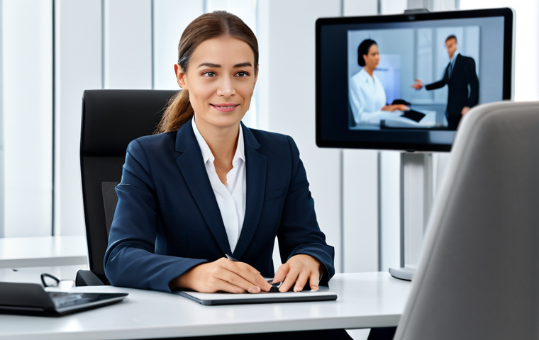 A professional female lawyer in a modest business suit, sitting at a modern, clean desk, engaging in a virtual consultation via a tablet. She has a warm, empathetic expression, showing active listening and clear communication. The background is a contemporary office space with subtle digital screens, symbolizing the integration of human touch with digital legal services. Perfect anatomy, correct proportions, natural pose, well-formed hands, proper finger count, professional photography, high quality, safe for work, appropriate content, fully clothed, professional dress.