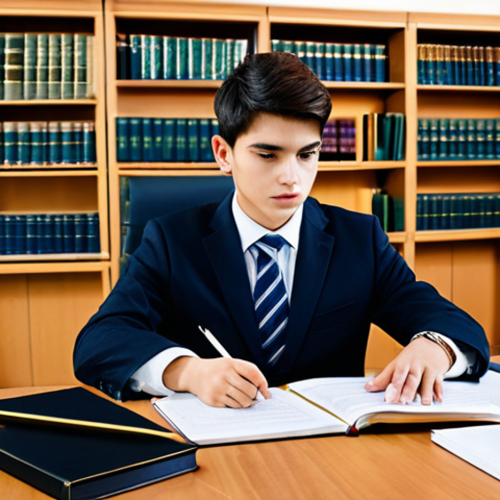 Aspiring Legal Advisor at Work**

"A young, ambitious student fully clothed in professional attire, diligently studying legal documents at a large desk in a university library, surrounded by textbooks, safe for work, appropriate content, modest, perfect anatomy, correct proportions, well-formed hands, proper finger count, natural body proportions, family-friendly, realistic, bright lighting."

**