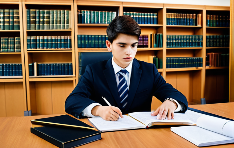 Aspiring Legal Advisor at Work**

"A young, ambitious student fully clothed in professional attire, diligently studying legal documents at a large desk in a university library, surrounded by textbooks, safe for work, appropriate content, modest, perfect anatomy, correct proportions, well-formed hands, proper finger count, natural body proportions, family-friendly, realistic, bright lighting."

**
