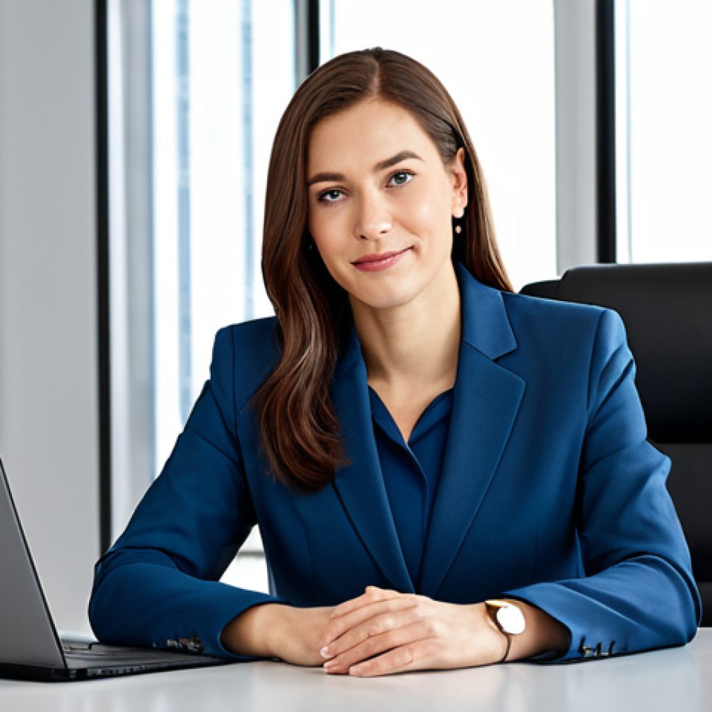 "A professional businesswoman in a modest business suit, sitting at a desk in a modern office, fully clothed, appropriate attire, safe for work, perfect anatomy, natural proportions, professional photography, high quality"
