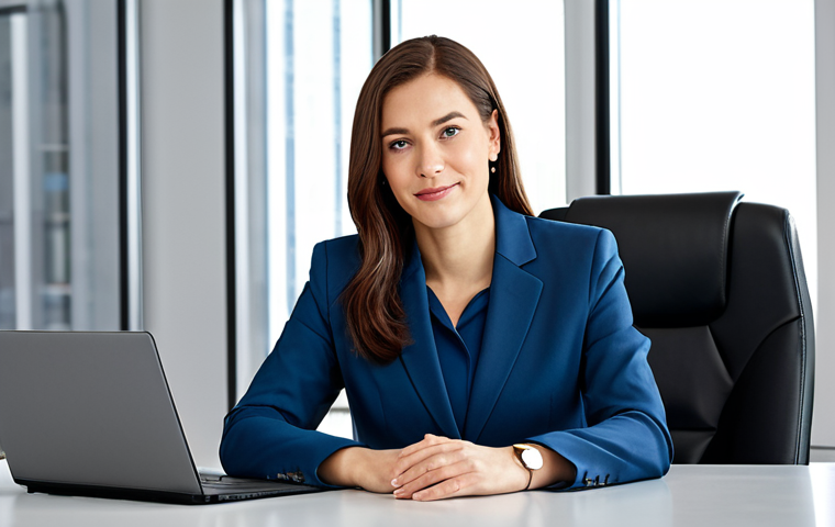 "A professional businesswoman in a modest business suit, sitting at a desk in a modern office, fully clothed, appropriate attire, safe for work, perfect anatomy, natural proportions, professional photography, high quality"