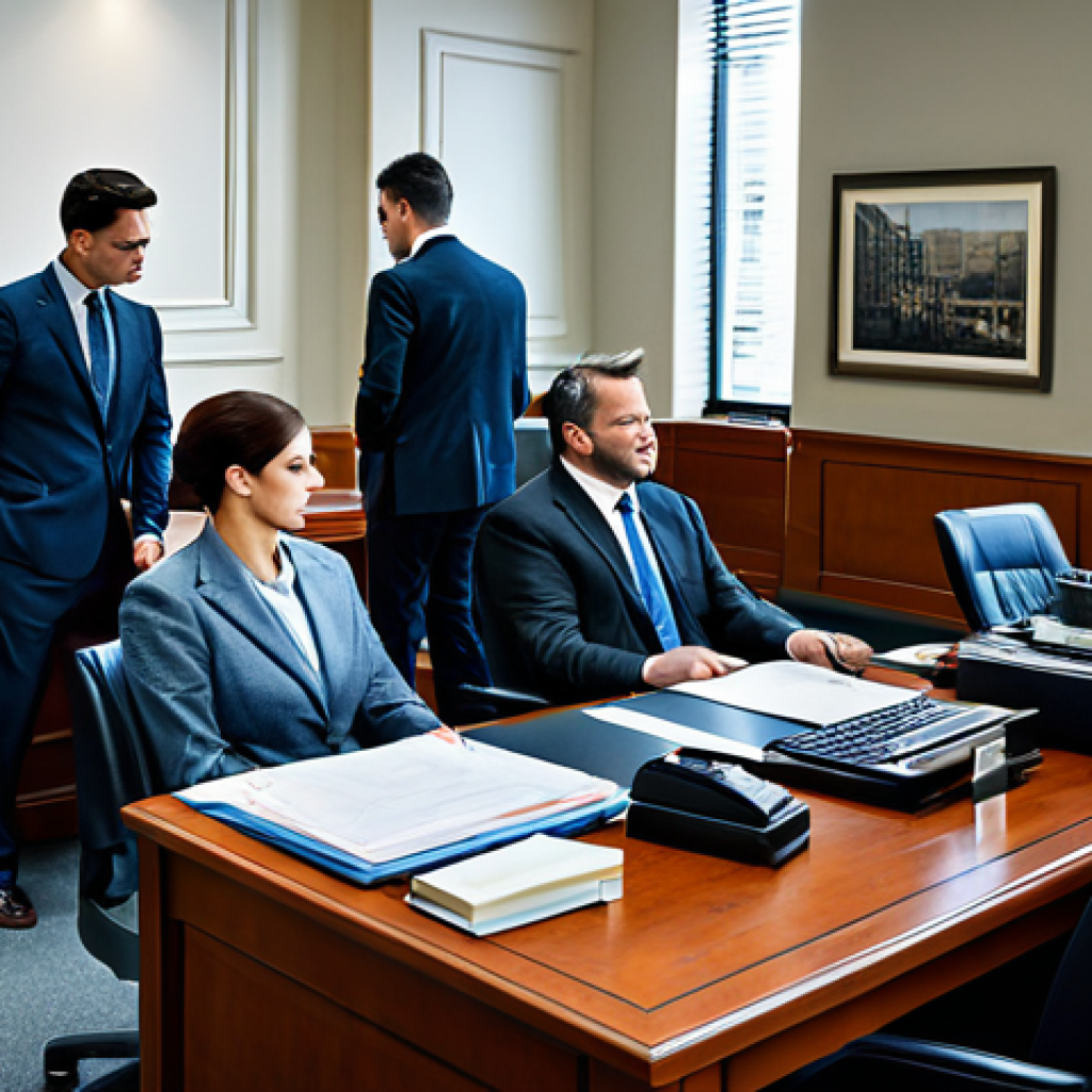 법률 자문가 업무 분담 - "A busy law office with paralegals assisting lawyers, modern technology visible, fully clothed profe...