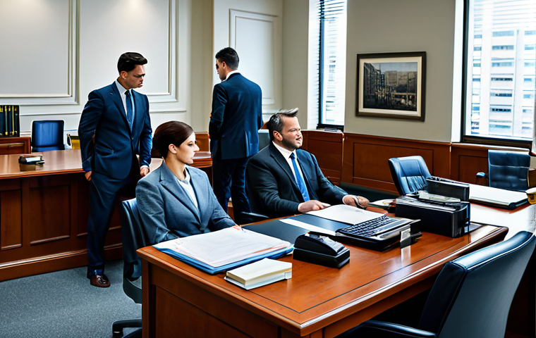 법률 자문가 업무 분담 - "A busy law office with paralegals assisting lawyers, modern technology visible, fully clothed profe...