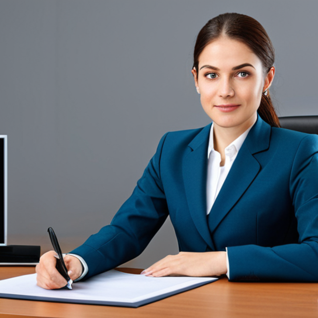 법률 자문가의 경력 개발 포인트 - ** A professional businesswoman in a modest business suit, sitting at a desk in a modern office, ful...