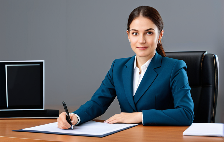 법률 자문가의 경력 개발 포인트 - ** A professional businesswoman in a modest business suit, sitting at a desk in a modern office, ful...