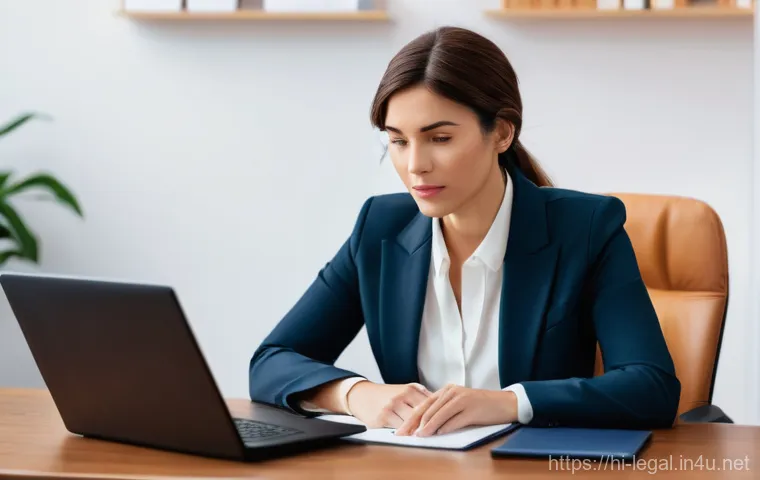 법률 자문가의 경험과 통찰 - **Prompt:** A professional, kind-faced female lawyer, wearing a tailored business suit, is seated at...