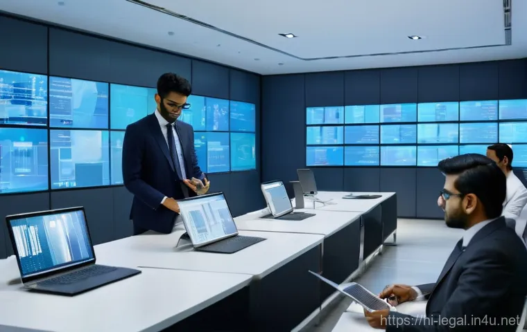법률 자문가의 직무 조정법 - **Prompt:** A dynamic, wide shot of a modern, tech-integrated Indian law office bustling with activi...