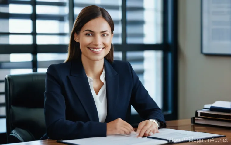 법률 자문가의 클라이언트 대응 전략 - **Prompt:** A professional female lawyer, dressed in a smart blazer and tailored trousers, is seated...