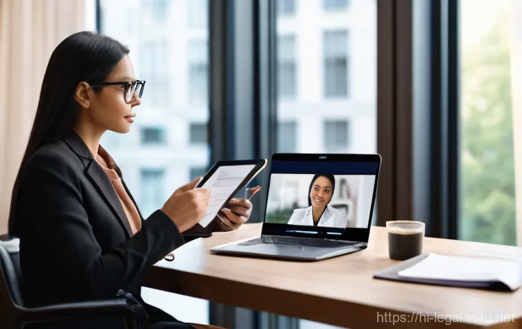 법률 자문가의 클라이언트 대응 전략 - **Prompt:** A professional female lawyer, dressed in a smart blazer and tailored trousers, is seated...