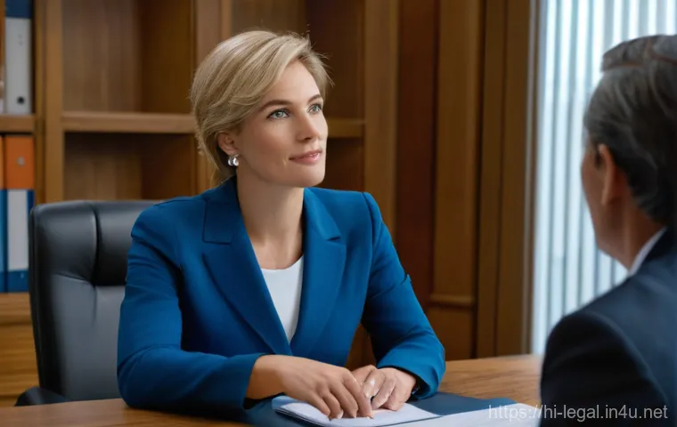 법률 자문가의 직무 평가 - **Prompt 1: "A professional and empathetic female legal advisor, in her late 30s, wearing a smart bu...