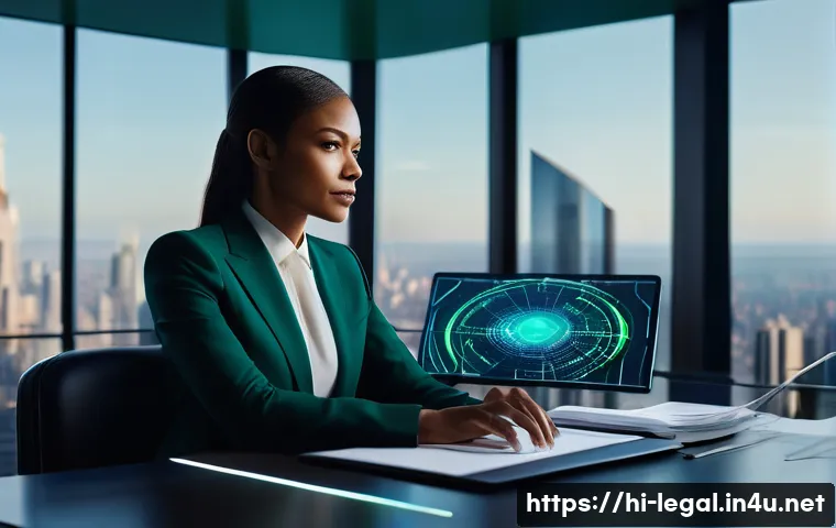 법률 자문가 실무 트렌드 - **Prompt:** A highly detailed, professional full shot of a diverse, modern female lawyer, in her lat...