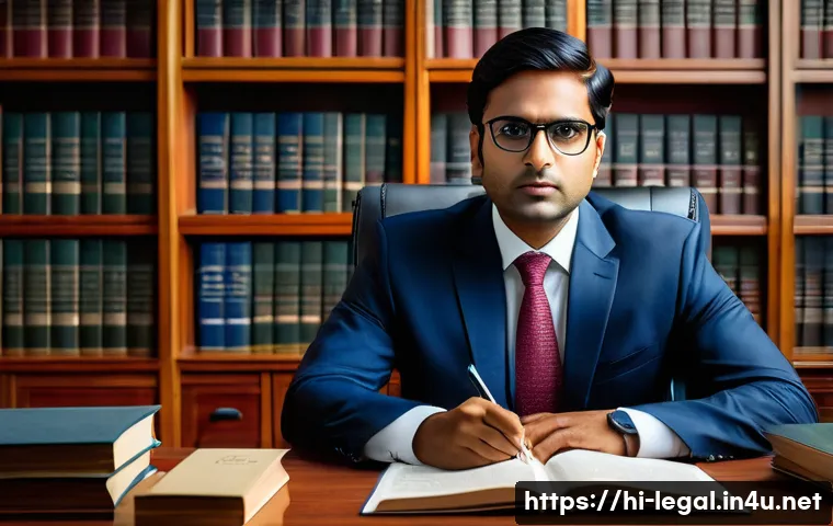 법률 자문가의 업무 체계 - A professional Indian legal advisor in a modern office setting, deeply analyzing complex legal docum...