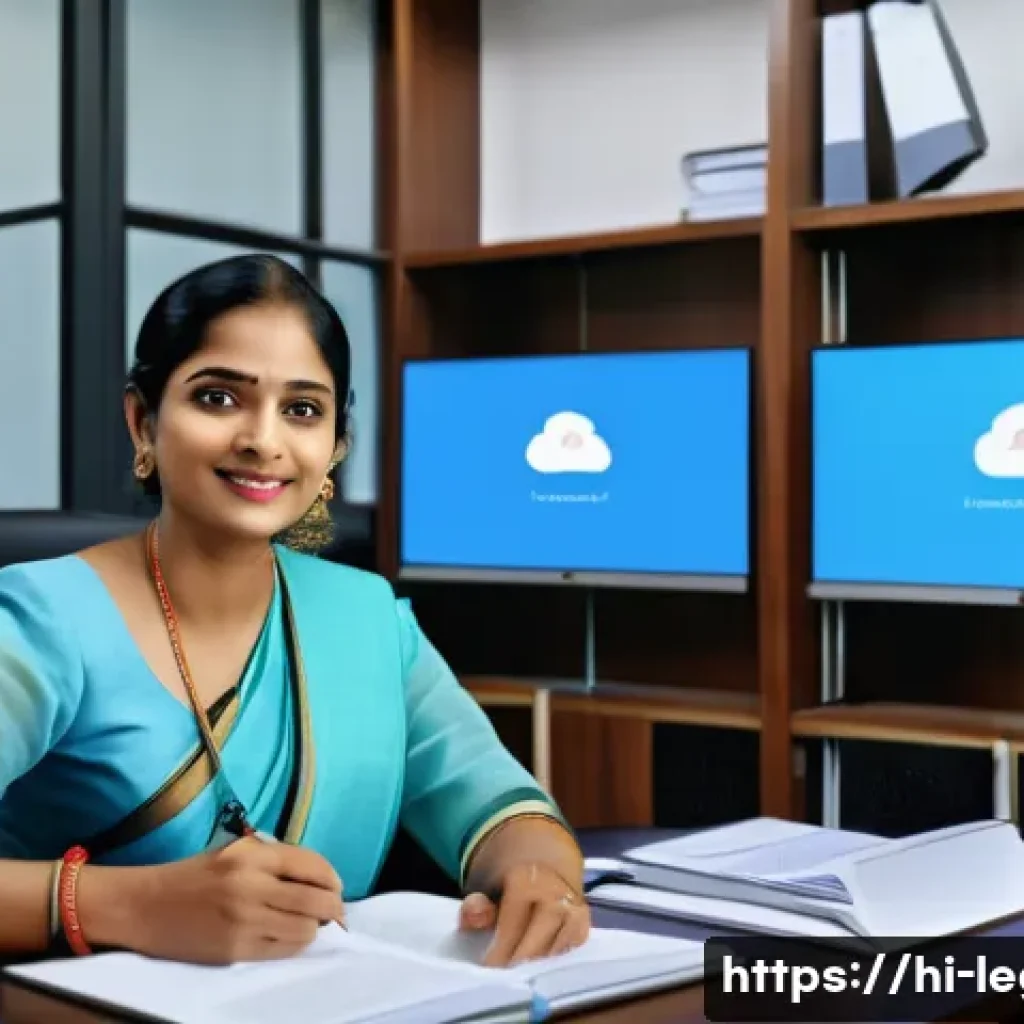 법률 자문가의 업무 변화 관리 - A modern legal office environment in India showcasing a young Hindi-speaking female lawyer using dig...