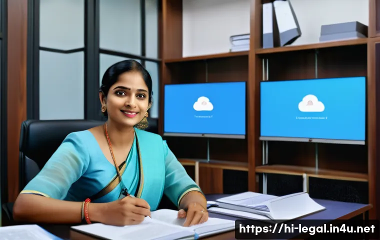 법률 자문가의 업무 변화 관리 - A modern legal office environment in India showcasing a young Hindi-speaking female lawyer using dig...