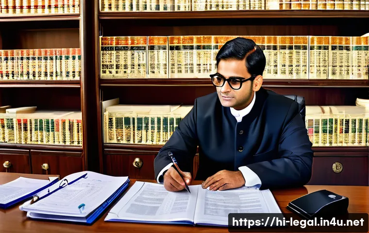 법률 자문가의 법률 연구 - A detailed and professional office scene showing a Hindi-speaking legal expert deeply analyzing comp...