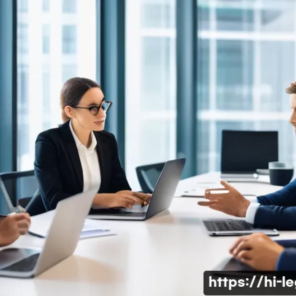 법률 자문가의 팀워크 관리 - A diverse legal team in a modern office setting, engaged in a clear and focused discussion around a ...