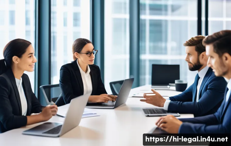 법률 자문가의 팀워크 관리 - A diverse legal team in a modern office setting, engaged in a clear and focused discussion around a ...