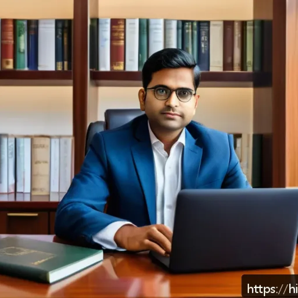 법률 자문가 경력 관리 - A modern Indian legal expert in a professional office setting, using multiple digital tools like a l...