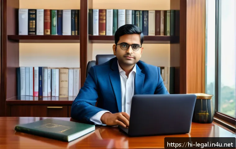법률 자문가 경력 관리 - A modern Indian legal expert in a professional office setting, using multiple digital tools like a l...
