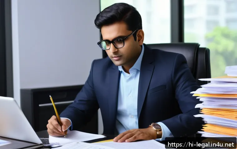 법률 실무에서의 위기 대처법 - A professional Indian legal consultant in an office setting, carefully reviewing and organizing lega...