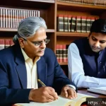 Home 19 법률 자문가의 법적 해결책 - A professional Indian lawyer in a modern office setting, explaining legal documents to a middle-aged...