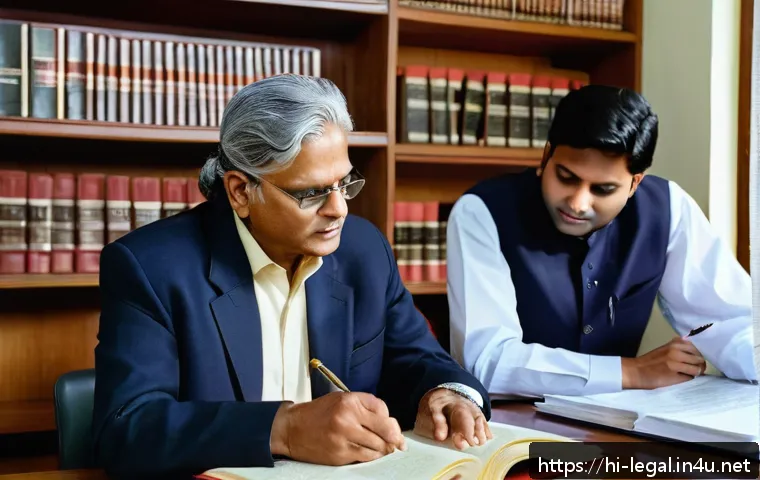 법률 자문가의 법적 해결책 - A professional Indian lawyer in a modern office setting, explaining legal documents to a middle-aged...