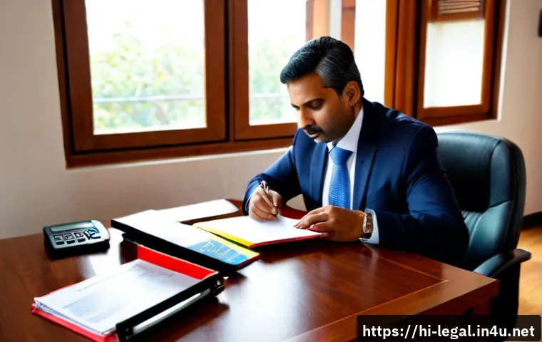 법률자문가로서의 법적 리스크 평가 - Photorealistic Indian legal advisor in a modern sunlit office, carefully reviewing a contract with a...