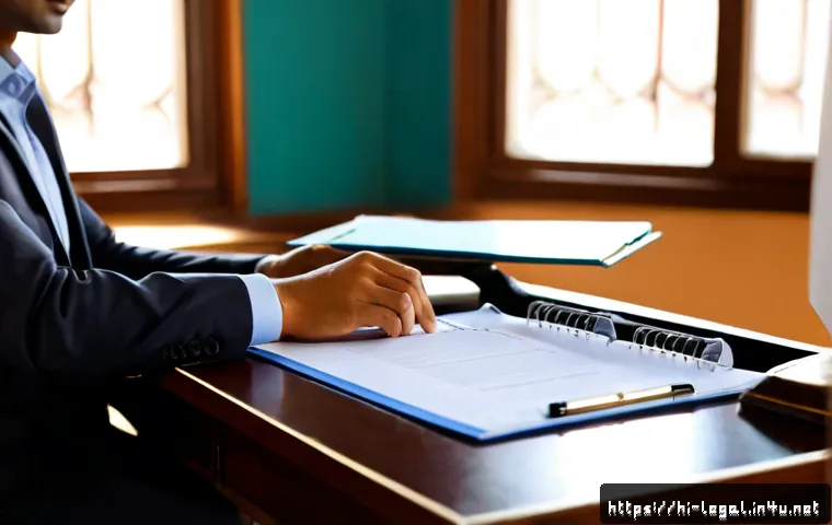 Home 17 법률 자문가의 업무 노하우 - Photorealistic legal advisor at a polished office desk, carefully reviewing an unmarked contract fol...