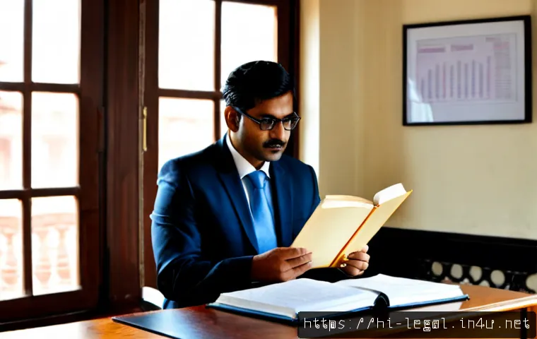 법률 자문가의 전문성 향상 방법 - Photorealistic Indian legal advisor in a tailored professional suit studying an open law reference b...