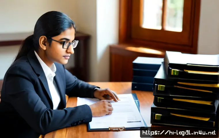 법률 자문가의 사례 분석법 - Photorealistic Indian legal advisor in a modern office, carefully comparing two anonymized case file...